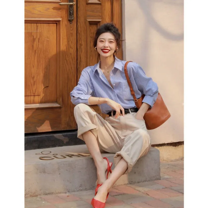 ️ French Mood Blue Striped Loose Shirt  Spring Casual Long Sleeve Top, Korean Chic Street Style for Women