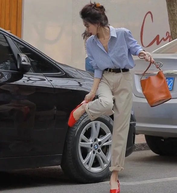️ French Mood Blue Striped Loose Shirt  Spring Casual Long Sleeve Top, Korean Chic Street Style for Women