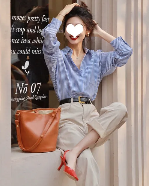 ️ French Mood Blue Striped Loose Shirt  Spring Casual Long Sleeve Top, Korean Chic Street Style for Women
