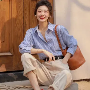 ️ French Mood Blue Striped Loose Shirt  Spring Casual Long Sleeve Top, Korean Chic Street Style for Women