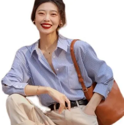 ️ French Mood Blue Striped Loose Shirt  Spring Casual Long Sleeve Top, Korean Chic Street Style for Women