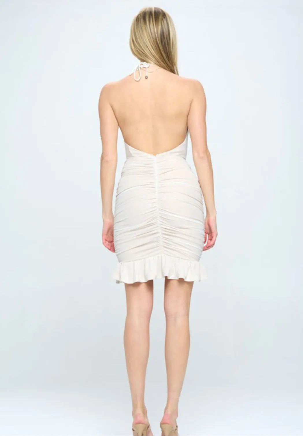 Allison ruched halter mini dress- off white