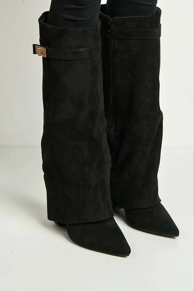 Ayla Block Heel Pointy Toe Gold Trim Buckle Collar Covered Calfboots in Black Suede
