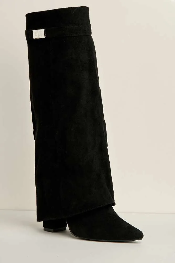 Ayla Block Heel Pointy Toe Gold Trim Buckle Collar Covered Calfboots in Black Suede
