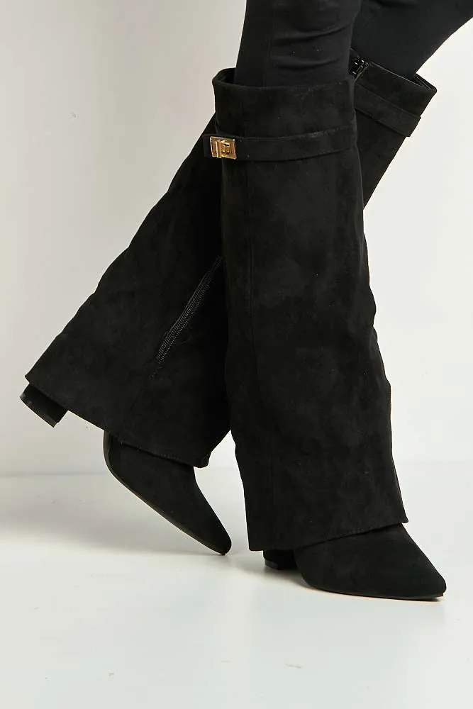 Ayla Block Heel Pointy Toe Gold Trim Buckle Collar Covered Calfboots in Black Suede