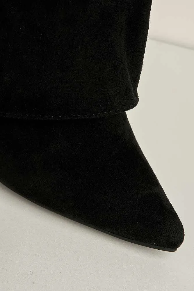 Ayla Block Heel Pointy Toe Gold Trim Buckle Collar Covered Calfboots in Black Suede