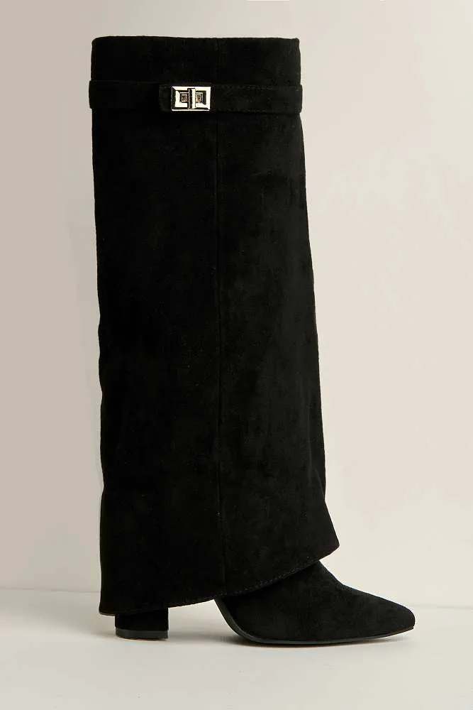 Ayla Block Heel Pointy Toe Gold Trim Buckle Collar Covered Calfboots in Black Suede