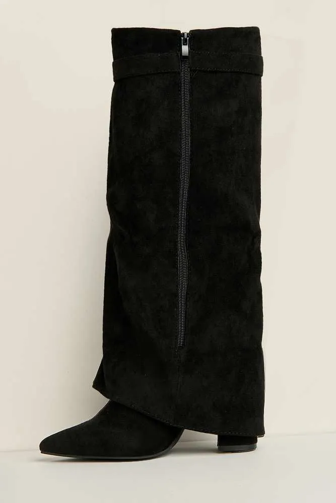 Ayla Block Heel Pointy Toe Gold Trim Buckle Collar Covered Calfboots in Black Suede