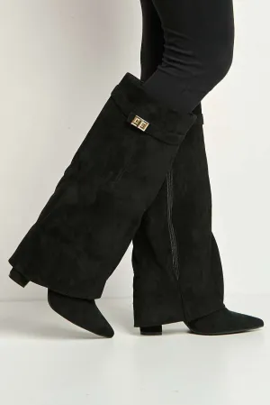 Ayla Block Heel Pointy Toe Gold Trim Buckle Collar Covered Calfboots in Black Suede