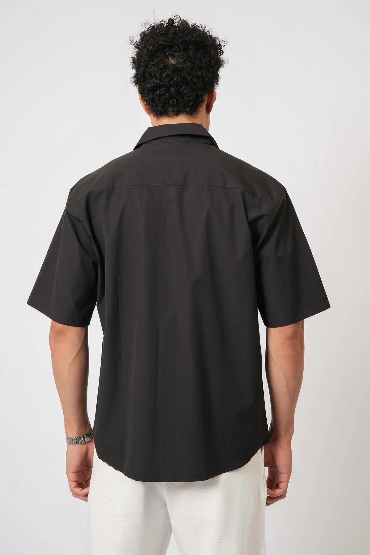 Black Printed Cotton Cuban Collar Shirt