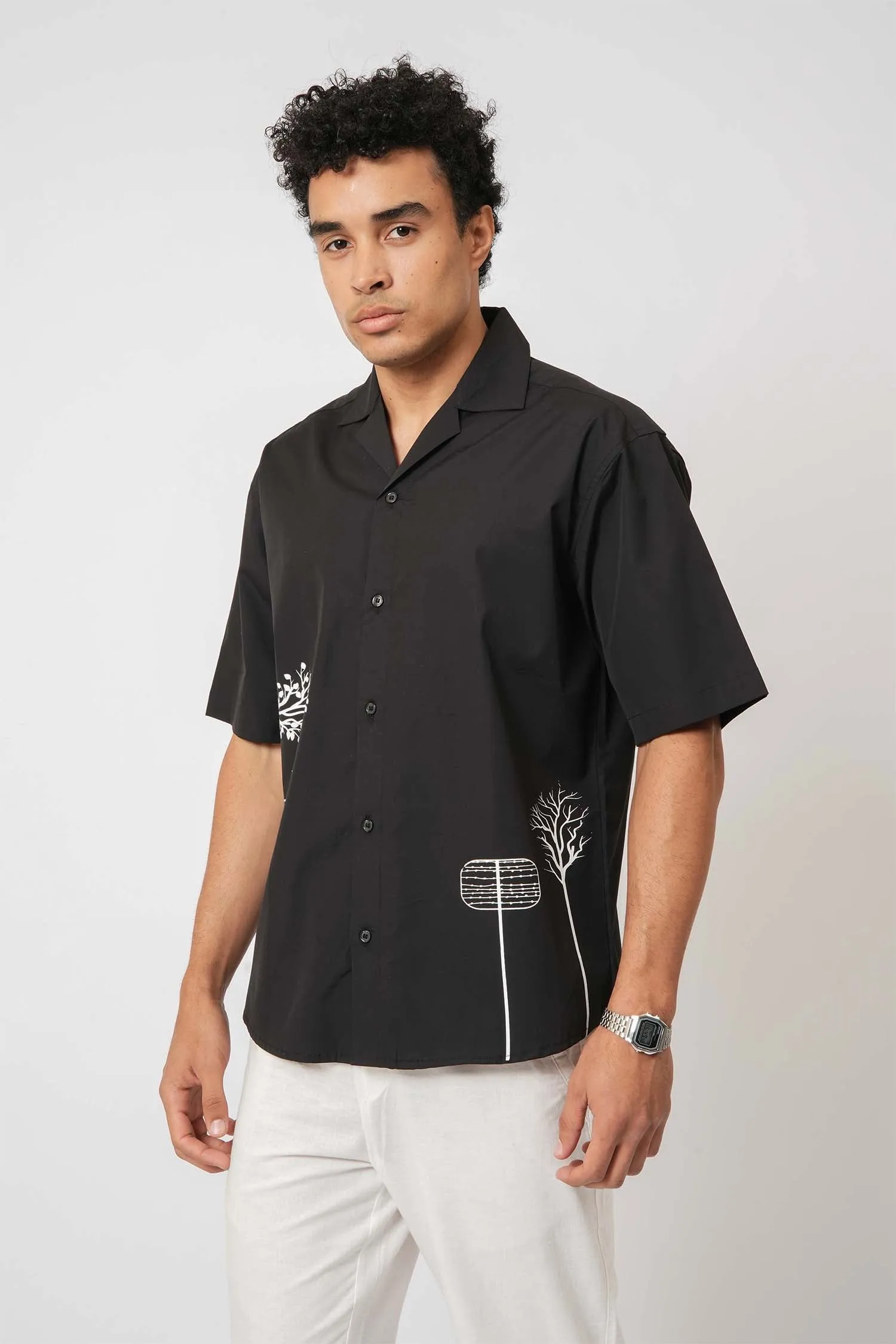 Black Printed Cotton Cuban Collar Shirt
