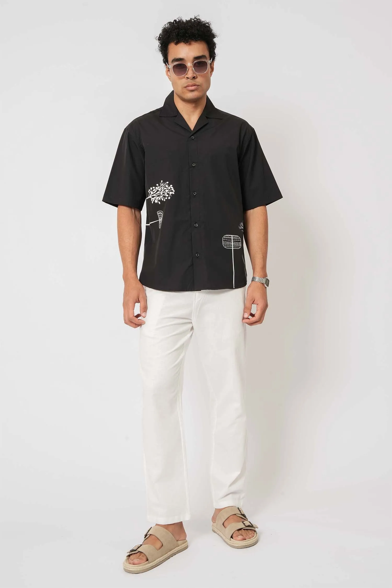 Black Printed Cotton Cuban Collar Shirt
