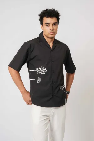 Black Printed Cotton Cuban Collar Shirt