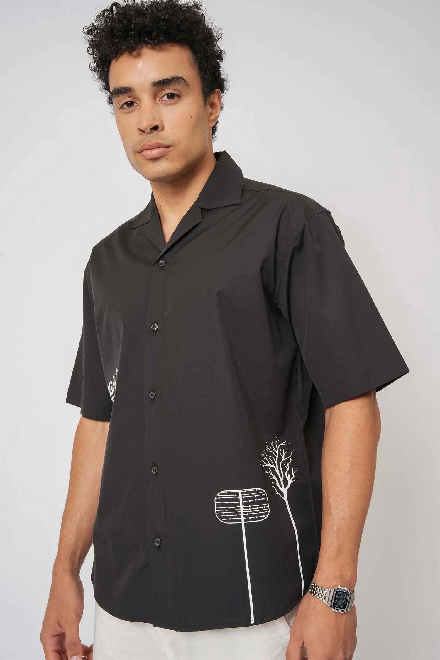 Black Printed Cotton Cuban Collar Shirt