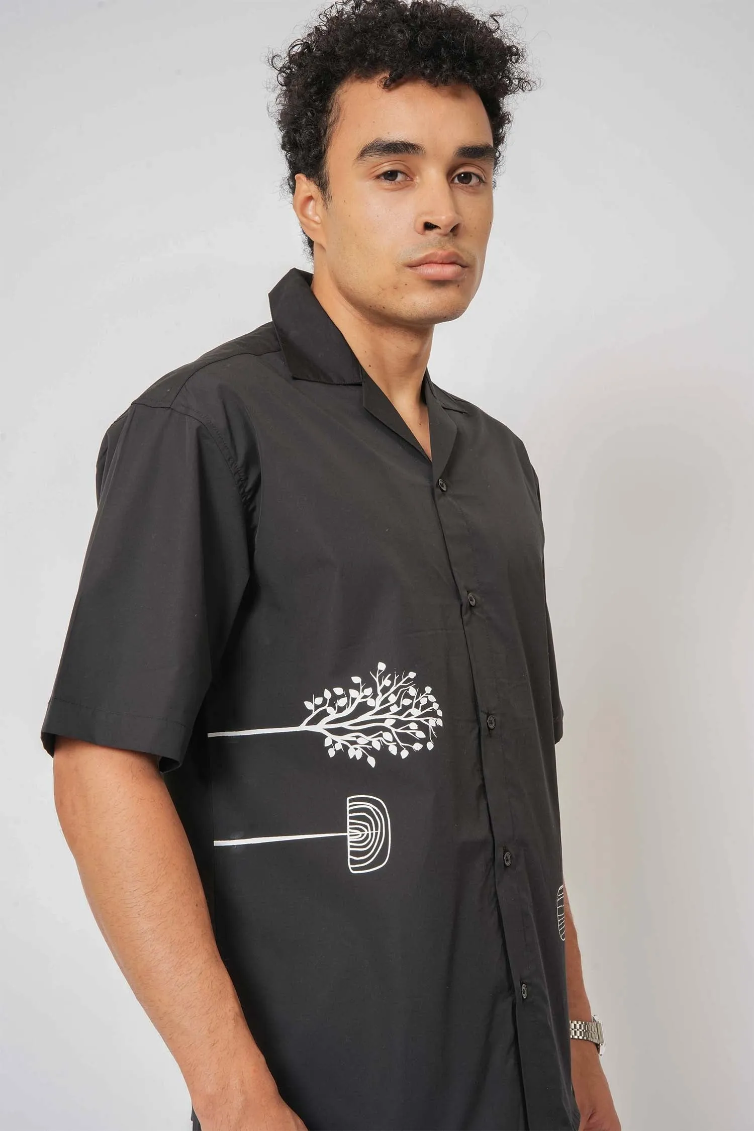 Black Printed Cotton Cuban Collar Shirt