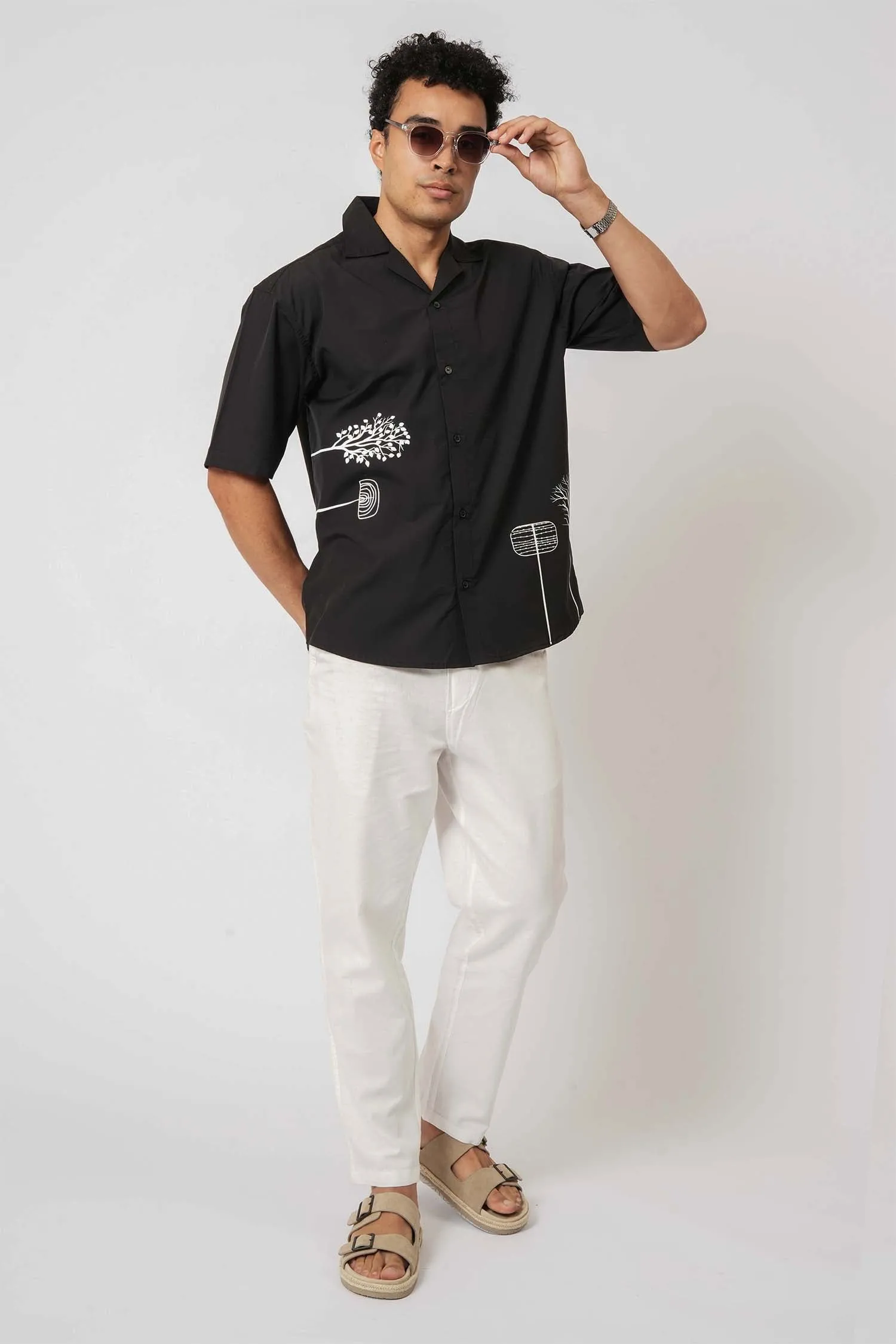 Black Printed Cotton Cuban Collar Shirt