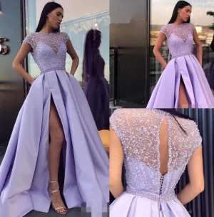 Cap Sleeve Beaded Prom Dresses with Slit Elegant Evening Dresses