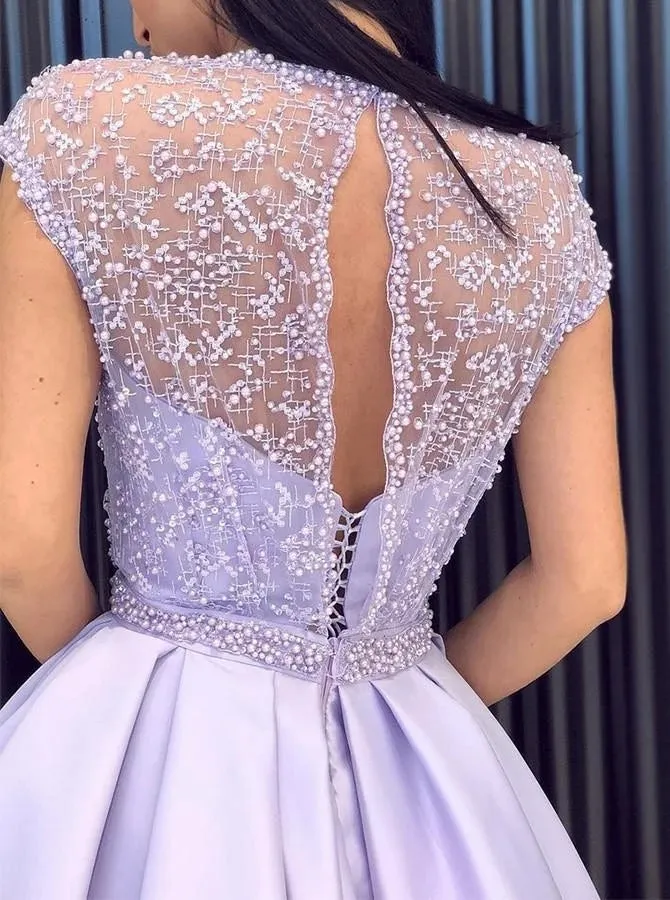 Cap Sleeve Beaded Prom Dresses with Slit Elegant Evening Dresses