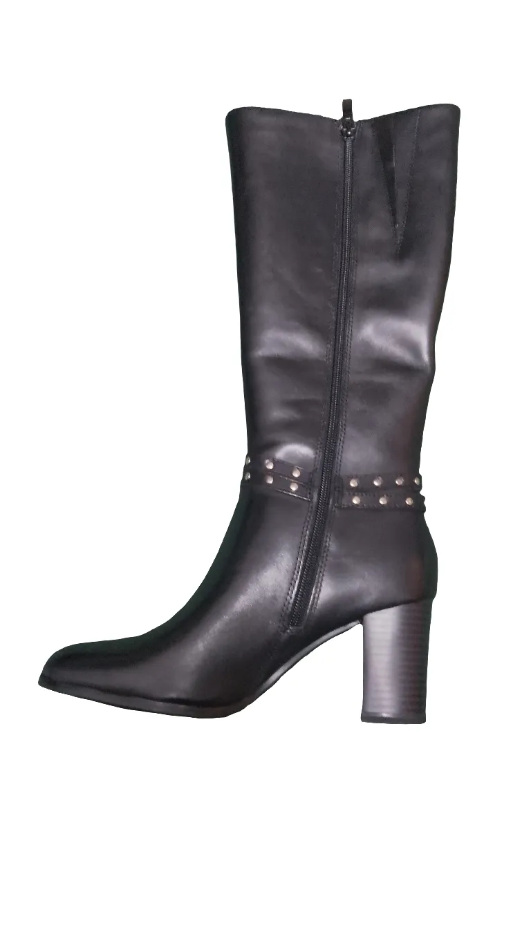 Caprice Black Leather Knee Length Heeled Boots