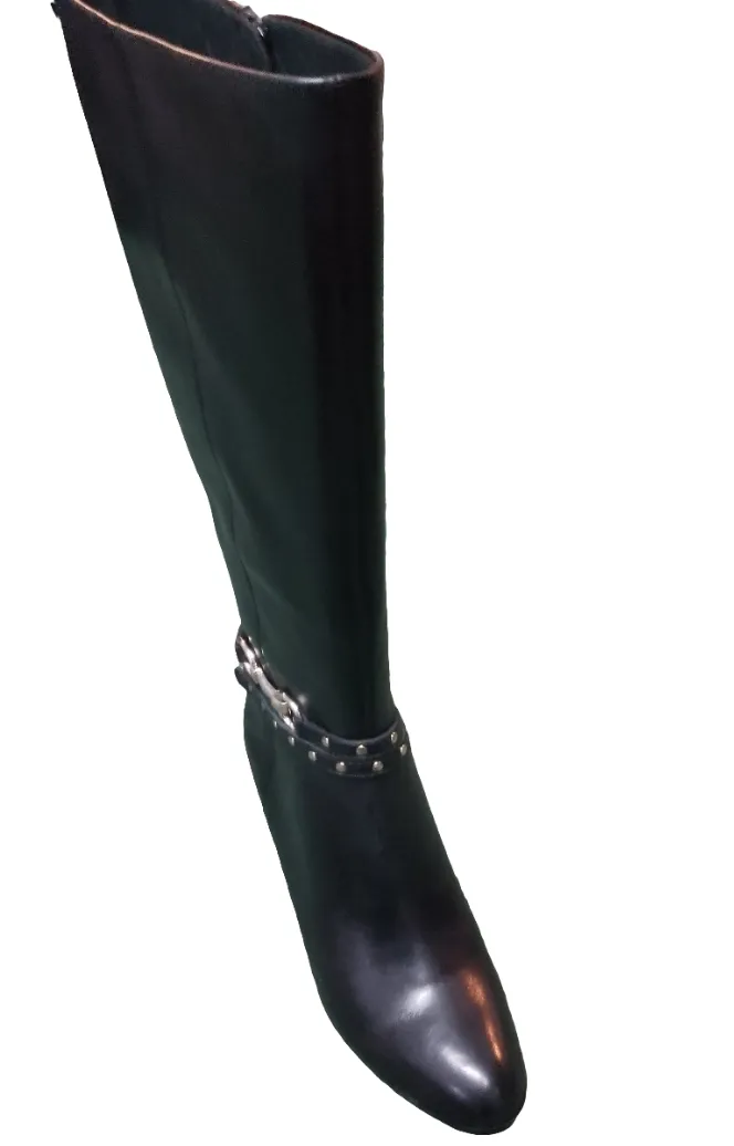 Caprice Black Leather Knee Length Heeled Boots