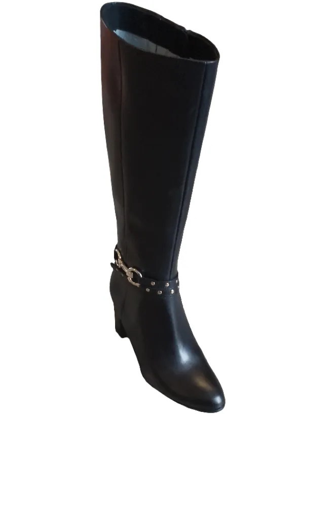 Caprice Black Leather Knee Length Heeled Boots