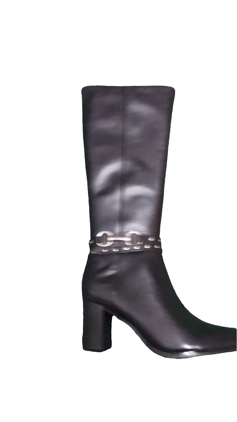 Caprice Black Leather Knee Length Heeled Boots