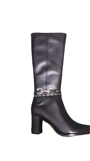 Caprice Black Leather Knee Length Heeled Boots