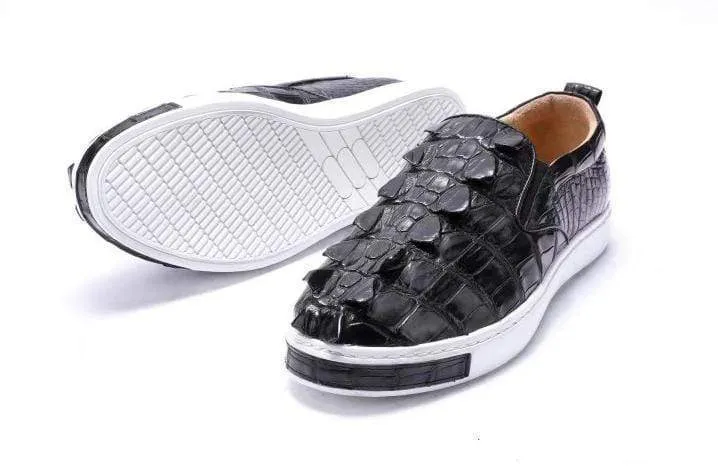 Crocodile Shoes Mens Crocodile Bone Leather Driving Shoes  Slip on Flats Walking Shoes Black