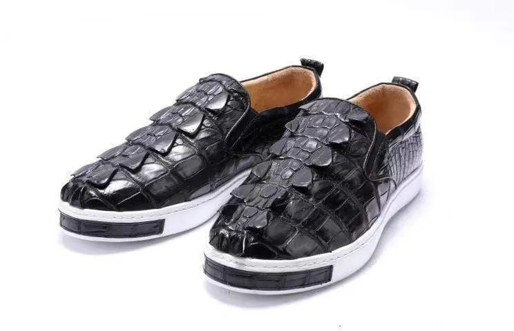 Crocodile Shoes Mens Crocodile Bone Leather Driving Shoes  Slip on Flats Walking Shoes Black