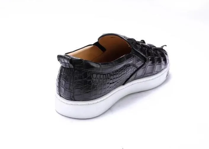 Crocodile Shoes Mens Crocodile Bone Leather Driving Shoes  Slip on Flats Walking Shoes Black