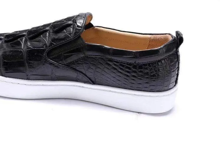 Crocodile Shoes Mens Crocodile Bone Leather Driving Shoes  Slip on Flats Walking Shoes Black
