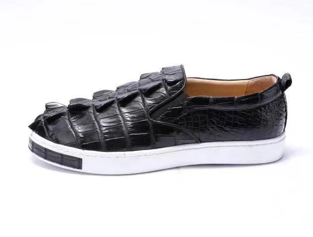 Crocodile Shoes Mens Crocodile Bone Leather Driving Shoes  Slip on Flats Walking Shoes Black