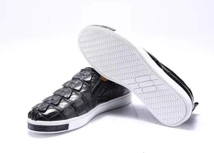 Crocodile Shoes Mens Crocodile Bone Leather Driving Shoes  Slip on Flats Walking Shoes Black