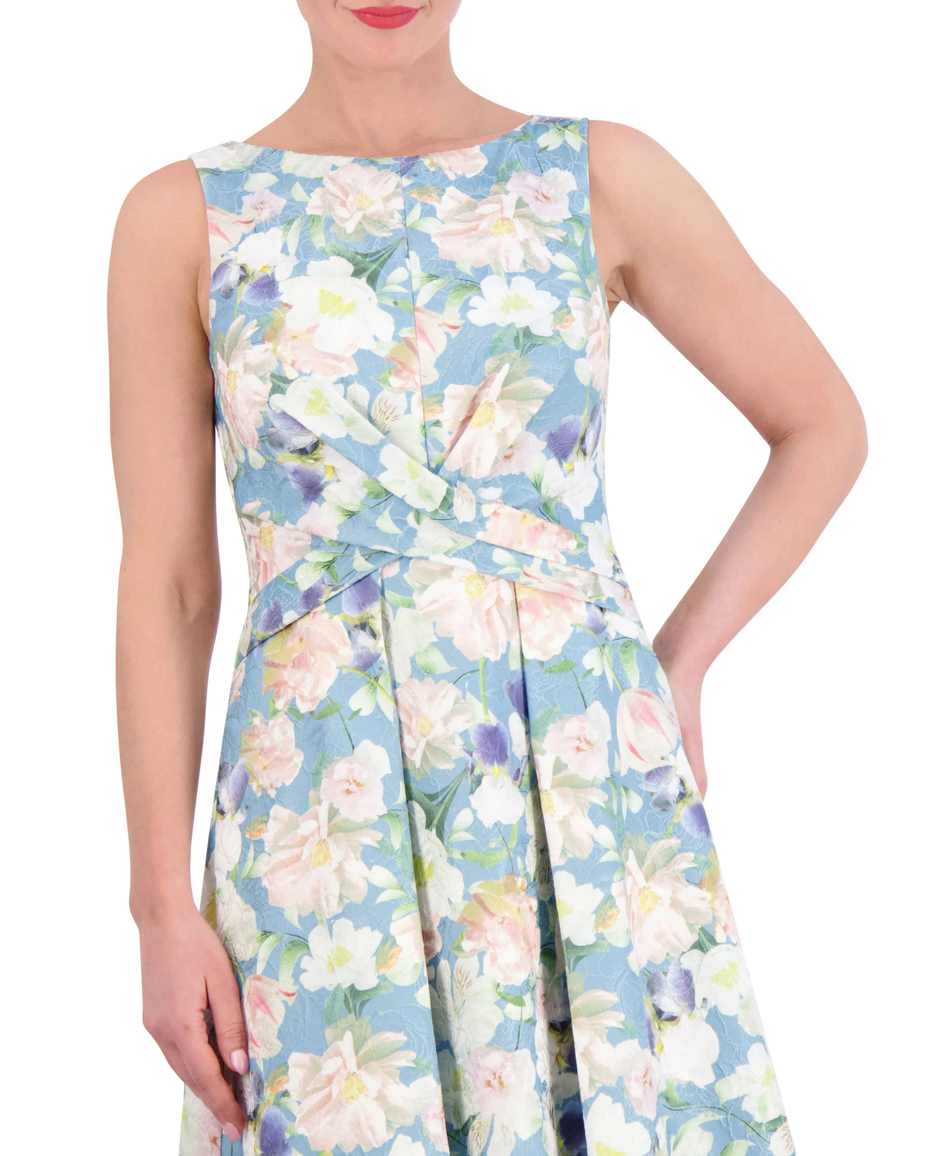 Floral-Jacquard Crisscross Bodice Dress