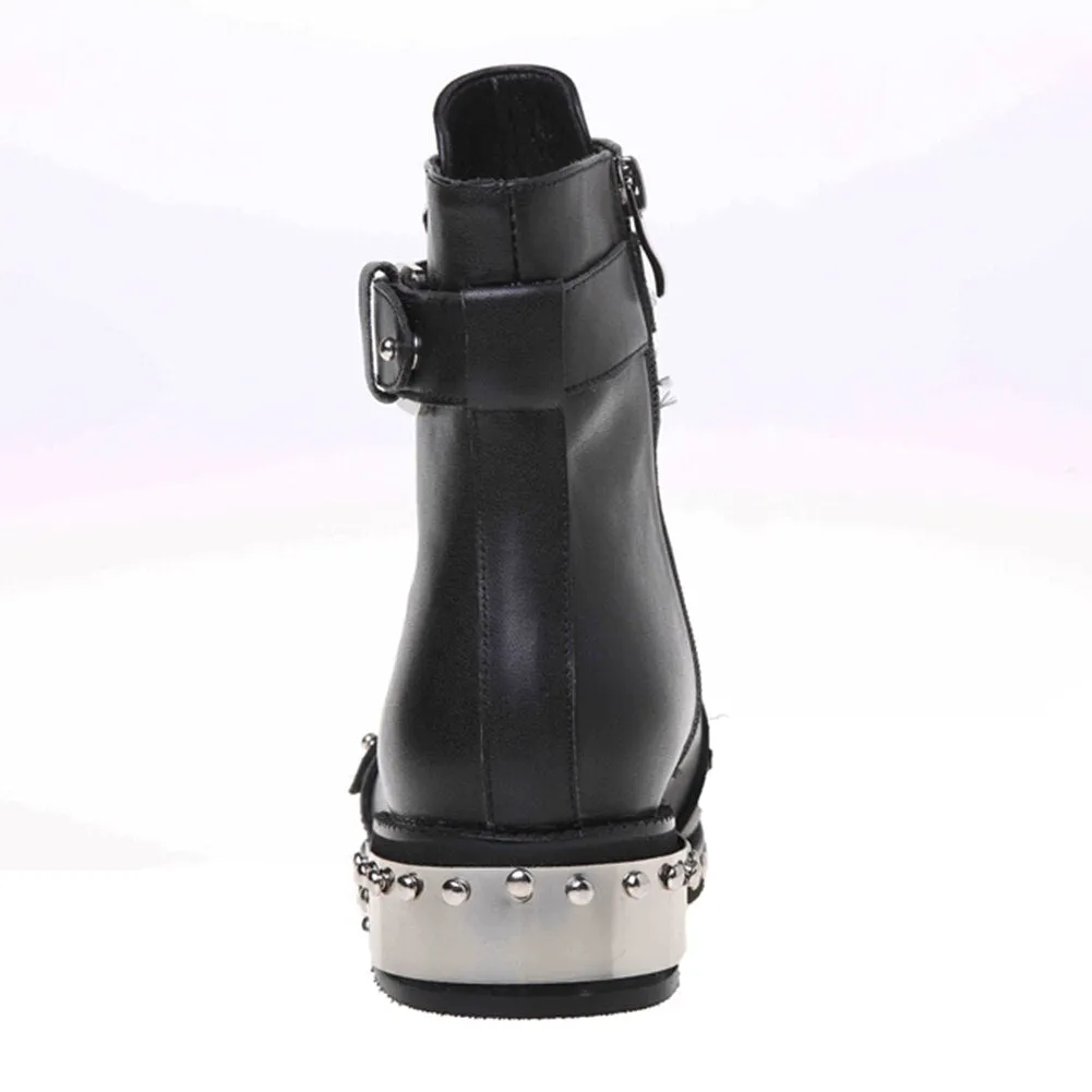 Genuine Leather Shoes Womens Biker Boots Metal Decoration Rivet Zip
