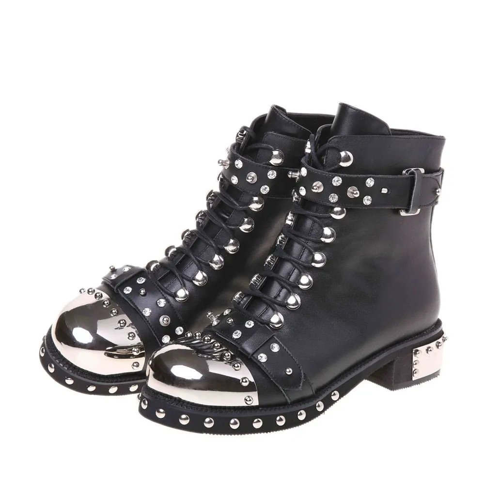 Genuine Leather Shoes Womens Biker Boots Metal Decoration Rivet Zip