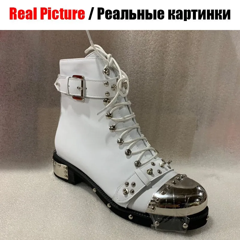 Genuine Leather Shoes Womens Biker Boots Metal Decoration Rivet Zip