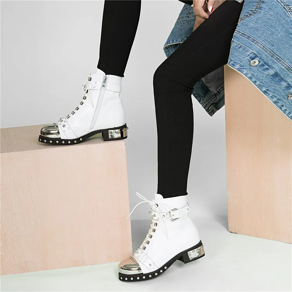 Genuine Leather Shoes Womens Biker Boots Metal Decoration Rivet Zip