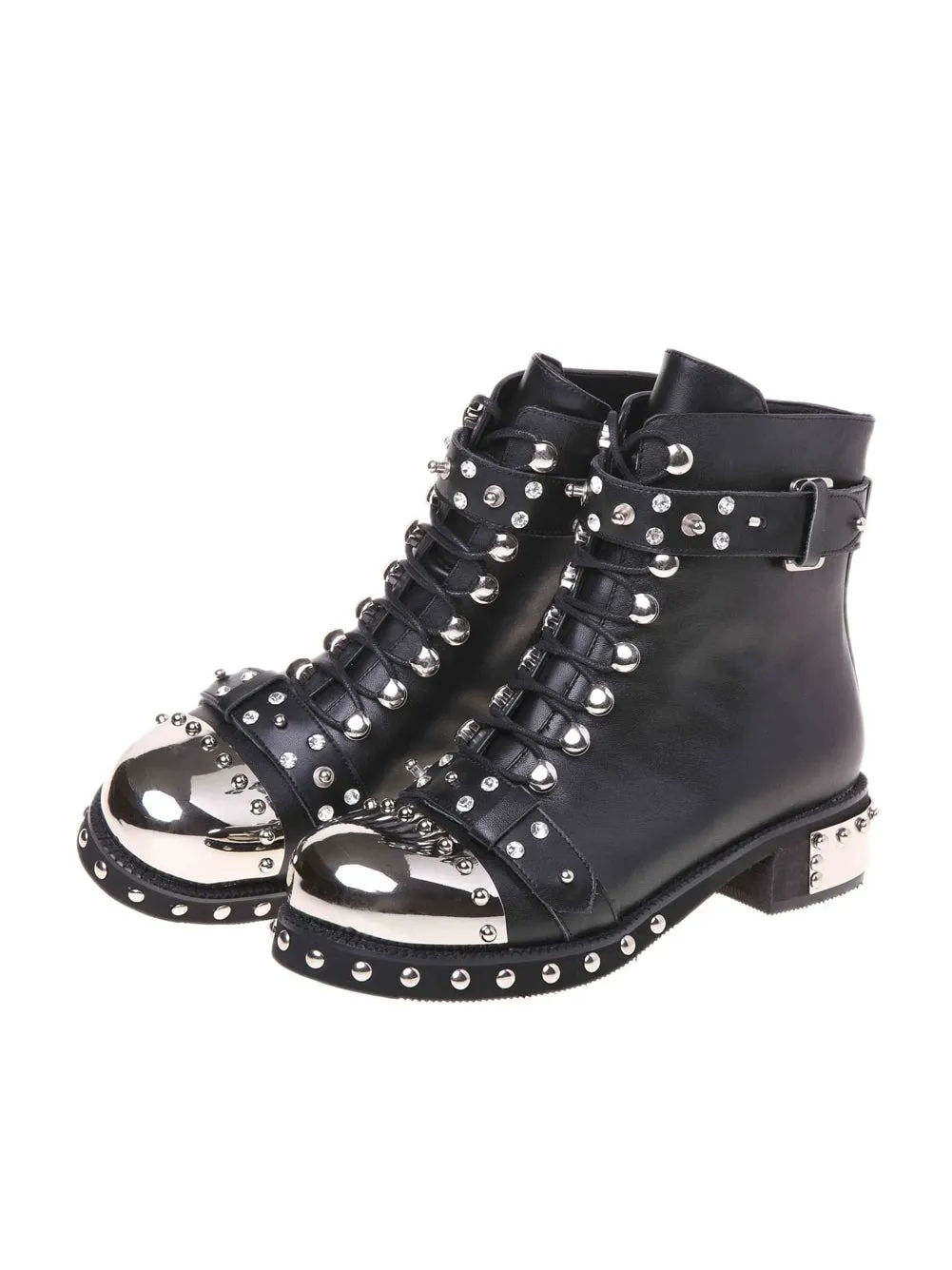 Genuine Leather Shoes Womens Biker Boots Metal Decoration Rivet Zip