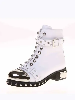 Genuine Leather Shoes Womens Biker Boots Metal Decoration Rivet Zip