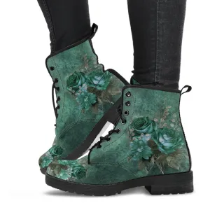 Gothic Green Roses Floral Vegan Leather Combat Boots - Dark Victorian Lace up Boots (JPREG72)