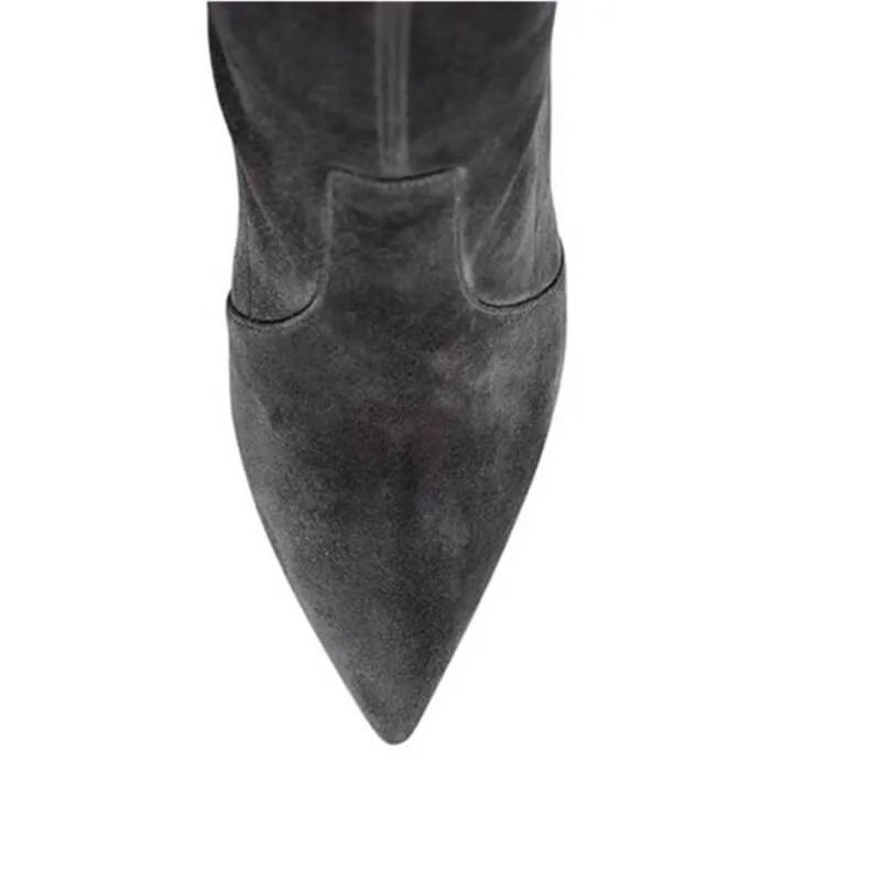 Gray Suede Pointed Toe High Heel Knee High Boots