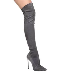 Gray Suede Pointed Toe High Heel Knee High Boots