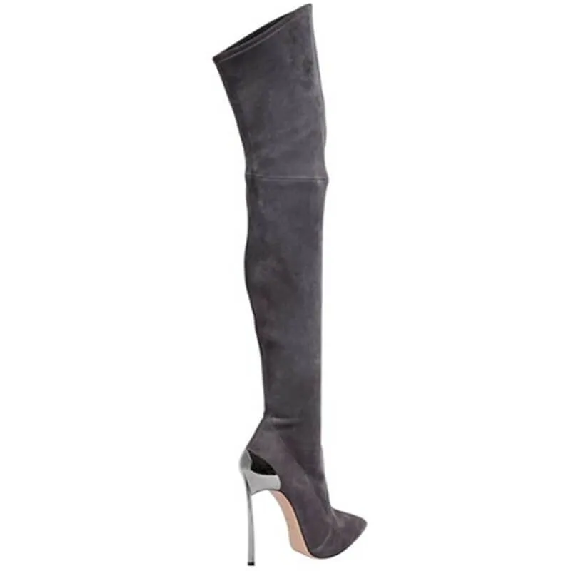 Gray Suede Pointed Toe High Heel Knee High Boots