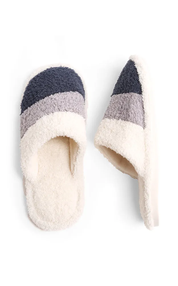 JCL1031 Three Tone Stripe Fuzzy Fur Cozy Slippers 6 Pairs Pack