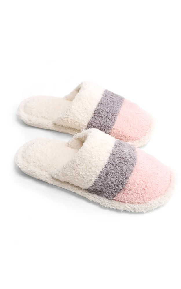 JCL1031 Three Tone Stripe Fuzzy Fur Cozy Slippers 6 Pairs Pack