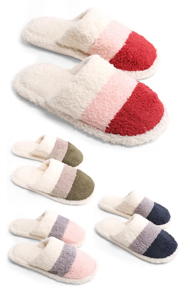 JCL1031 Three Tone Stripe Fuzzy Fur Cozy Slippers 6 Pairs Pack