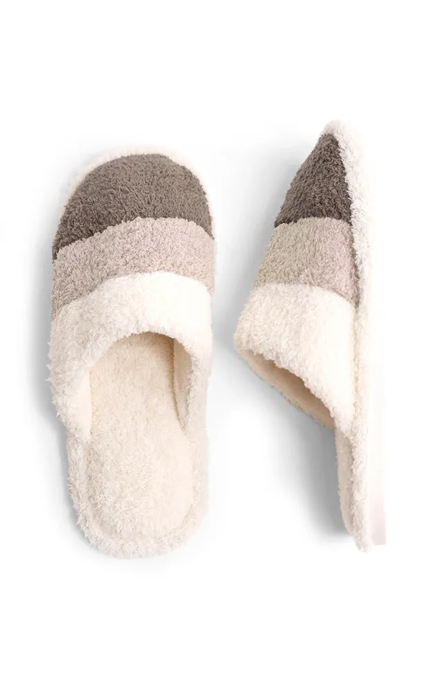 JCL1031 Three Tone Stripe Fuzzy Fur Cozy Slippers 6 Pairs Pack