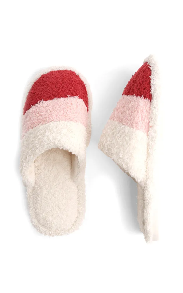 JCL1031 Three Tone Stripe Fuzzy Fur Cozy Slippers 6 Pairs Pack