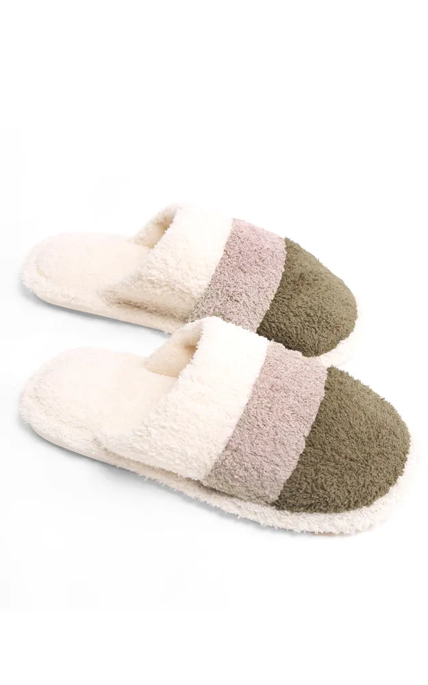 JCL1031 Three Tone Stripe Fuzzy Fur Cozy Slippers 6 Pairs Pack